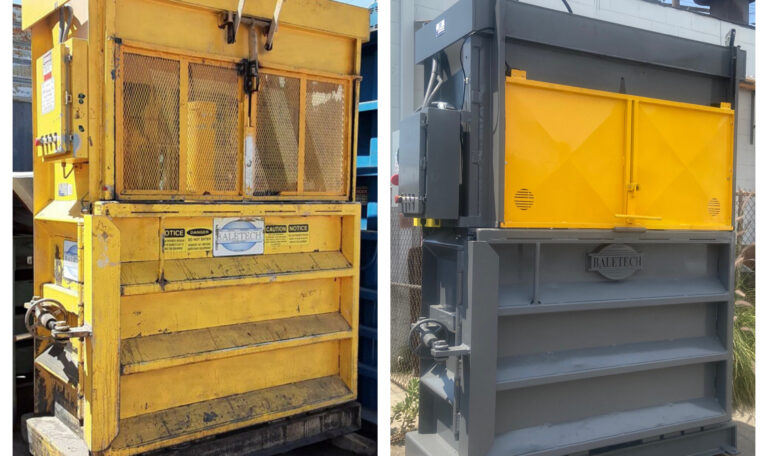 a before and after picture side by side showing a dingy yellow baler repainted and refurbished to appear brand new